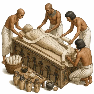 Priests respectfully wrapping a mummy with linen in a tomb setting.