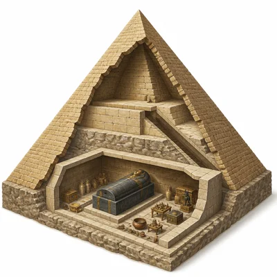 A cutaway view of a pyramid tomb with a sarcophagus and offerings.