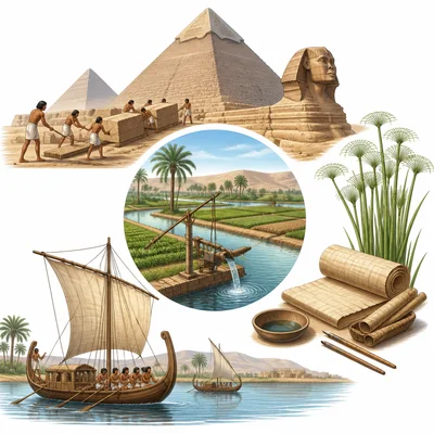 Ancient Egyptian achievements including pyramids, irrigation, papyrus, and boats.