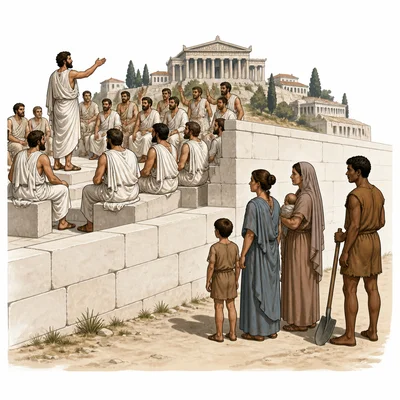 Athenian male citizens participate in government while excluded groups stand outside the civic area.