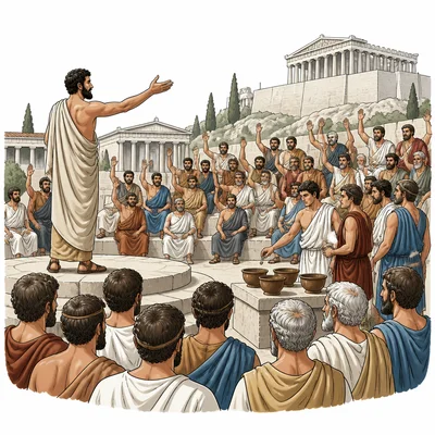 Citizens gather outdoors in Athens to listen to a speaker and vote in the Assembly.