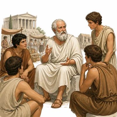 Socrates discusses ideas with students in an ancient Greek marketplace.