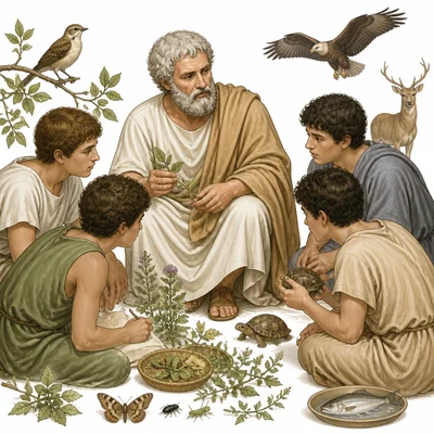 Aristotle studies plants, animals, and the natural world with students.