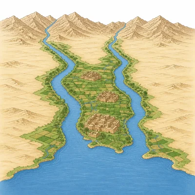 Map-like view of Mesopotamia showing two rivers, fertile land, farms, and early cities.