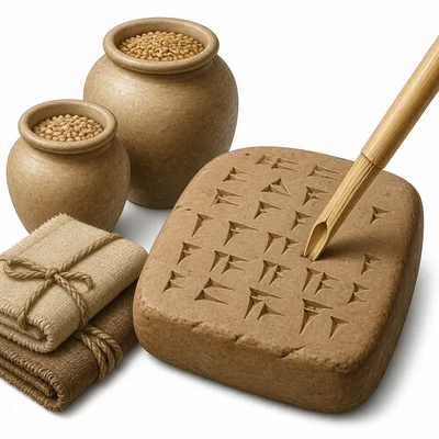 A reed stylus making cuneiform-like marks on a clay tablet.