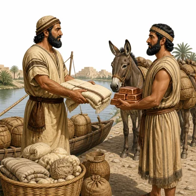 Merchants trading wool cloth for copper ingots in an ancient trade scene.