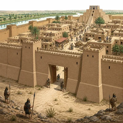 City walls protect a prosperous Mesopotamian city from outside threats.
