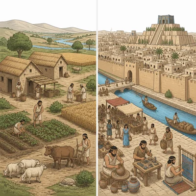 Comparison of a small farming village and a growing Mesopotamian city.