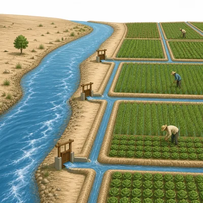 Irrigation canals carry water from a river to farm fields.