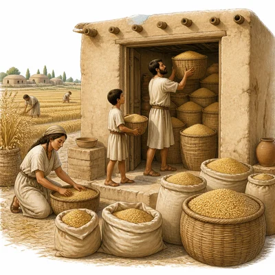 Extra harvested grain stored in baskets and a granary to show food surplus.