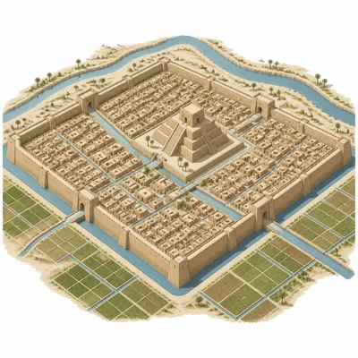 Diagram of a Sumerian city with temple, walls, canals, homes, and farmland.