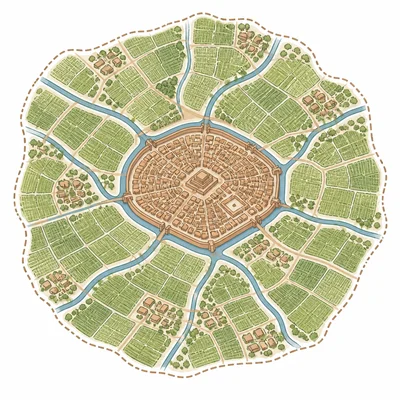 A city-state shown as a walled city controlling nearby farms and villages.