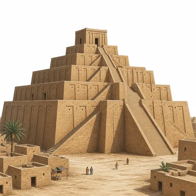 A stepped Mesopotamian ziggurat with stairs and a temple at the top.