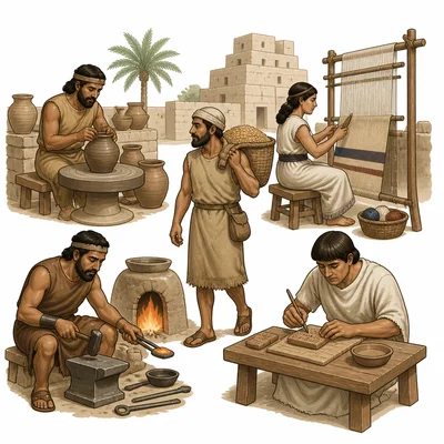 People in a Mesopotamian city doing different specialized jobs.