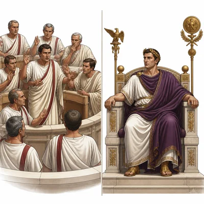 Split image comparing Roman senators debating with an emperor holding central authority.