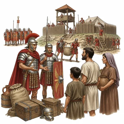 Roman soldiers expanding into a new region with supplies, a fort, and local civilians.