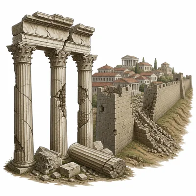Cracked Roman columns and weakened city defenses suggesting decline.