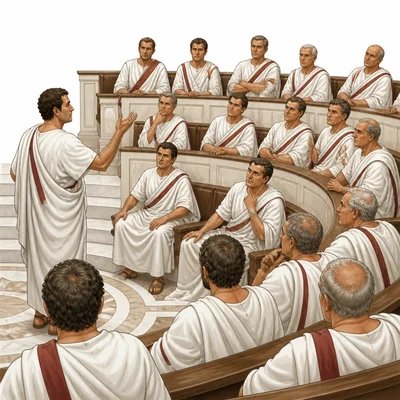 Roman senators seated in a curved chamber debating government matters.
