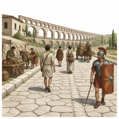 Peaceful Roman road with merchants, travelers, soldiers, and an aqueduct.