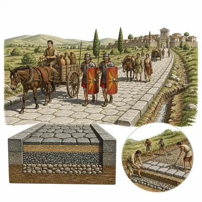 Roman road carrying soldiers and merchants between towns.