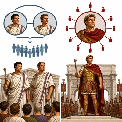 Two consuls sharing authority contrasted with one emperor holding central power.