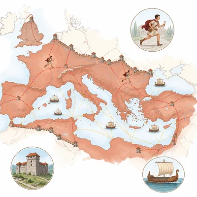 Simplified Roman Empire map showing long routes, ships, messengers, and border forts.