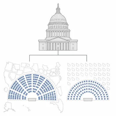 Diagram of a bicameral legislature with two different chambers representing different forms of representation.