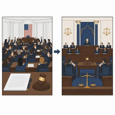 Diagram showing impeachment moving from a House vote to a Senate trial.