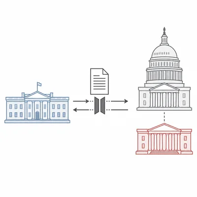 Diagram of the presidency and Congress controlled by different political sides with a policy bottleneck.