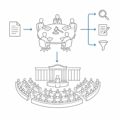 Process diagram of a bill moving through a committee before reaching the full chamber.