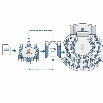 Diagram showing a committee acting as a gatekeeper for a bill going to the House floor.