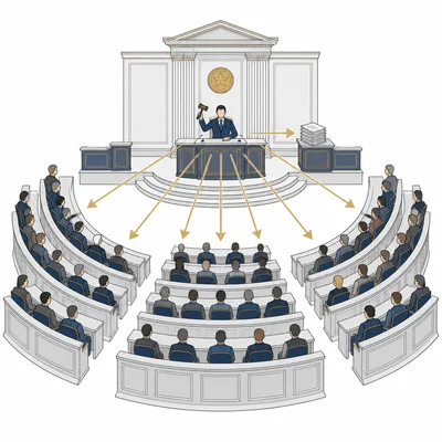 Diagram of a presiding leader with a gavel directing activity in a legislative chamber.