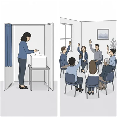 Comparison of a private ballot primary and a group discussion caucus.