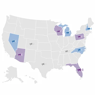 United States map with campaign advertising concentrated in a few highlighted swing states.