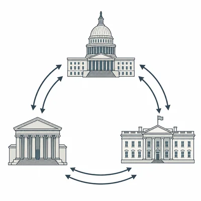 Three government buildings connected by arrows to represent checks and balances.
