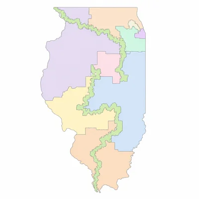 A state map showing one oddly shaped winding congressional district among compact districts.