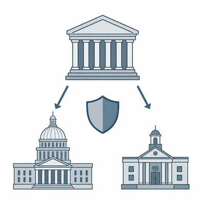 A courthouse connected by arrows to state and local government buildings, representing constitutional protections applying to them.