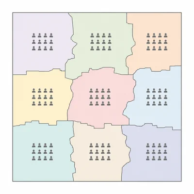 A state map divided into equal-looking districts with similar groups of people in each district.