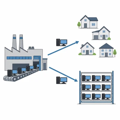 Computers from a factory flow to households and to a warehouse for inventory.