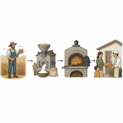 A production chain showing wheat moving from a farmer to a mill, bakery, and household.