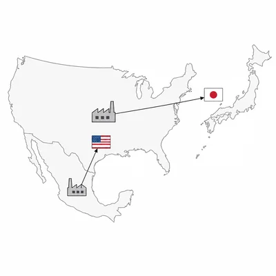 A diagram showing a U.S.-owned factory in Mexico and a Japanese-owned factory in the United States.