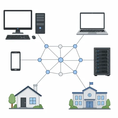 Network diagram of computers, phone, server, home, and school connected by lines.