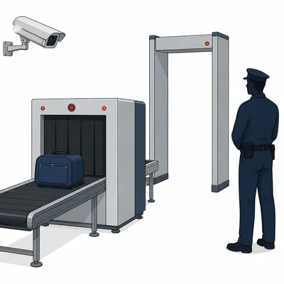 Airport security checkpoint with bag scanner, metal detector, camera, and security officer.
