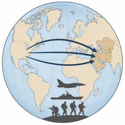 World map with arrows from North America toward the Middle East and Central Asia with military icons.