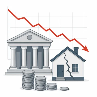Economic crisis diagram with a bank, cracked house, coin stacks, and a falling graph line.