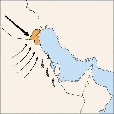 Unlabeled Persian Gulf map with arrows showing invasion and coalition movement near Kuwait.