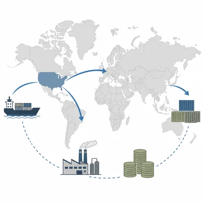 World map with trade arrows linking the United States to other regions, plus cargo and factory icons.