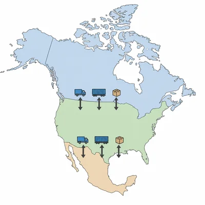 Unlabeled North America map with arrows showing trade among Canada, the United States, and Mexico.