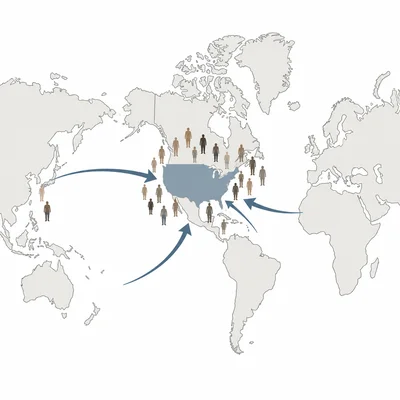 World map with migration arrows pointing toward the United States and diverse people silhouettes.