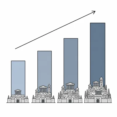 Unlabeled bar chart with ancient city icons showing large urban populations.